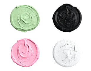 Vibrant cosmetic textures in pastel pink, mint green, black, and cracked white for beauty product design