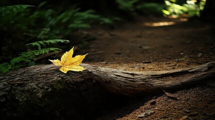 Yellow Maple Leaf on Branch in Sunlit Forest Pathway