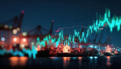 Night harbor scene overlaid with dynamic stock market graphs