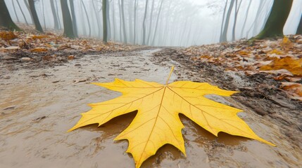 Yellow Maple Leaf on Wet Ground in Foggy Forest Path