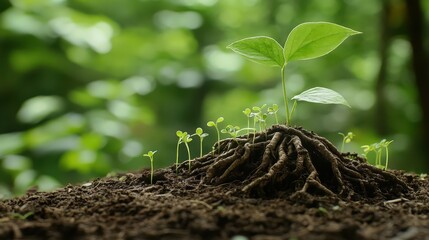 Young Plants Emerging From Soil With Lush Green Background