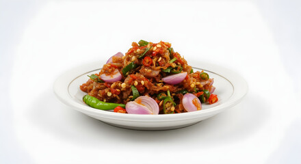 Spicy Sambal Matah Dish with Shallots and Chili Peppers on a White Plate