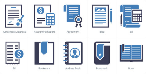 A set of 10 mix icons as agreement approval, accoounting report, agreement