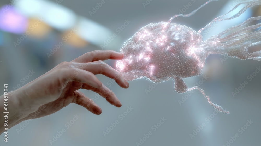 Poster a hand is reaching out to touch a brain. the brain is surrounded by a glowing, colorful aura. concep
