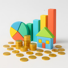 Colorful pie and bar charts with gold coins and a toy house. Perfect visual for home budgeting, family finance, and property investment planning.