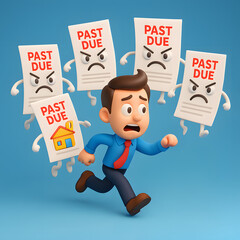 A cartoon businessman runs in panic as angry animated “Past Due” bills with arms and frowns chase him, representing overdue payments and financial pressure in a light-hearted style.
