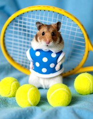 Hamster with tennis balls and racket