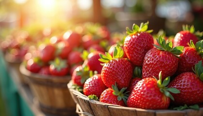Vibrant red strawberries freshly harvested at summer farmers market. Juicy berries displayed in rustic wooden baskets under bright sunlight. Perfect for culinary use, promoting healthy eating,