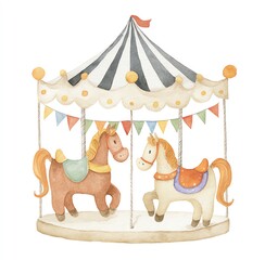 Watercolor Carousel with Two Horses