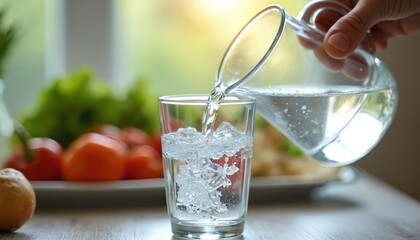 Refreshing water pours from pitcher into glass with ice. Family dinner scene includes fresh vegetables. Daily habit of hydration and wellness, healthy lifestyle.