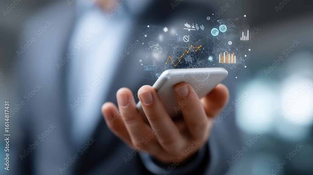 Poster a man is holding a cell phone with a screen that is filled with various icons and numbers. concept o