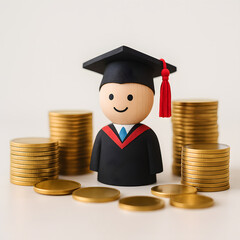 Cute wooden graduate figure surrounded by gold coin stacks, symbolizing education investment, tuition planning, and saving for academic success.