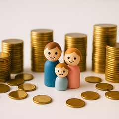 Wooden toy family standing among stacked gold coins, symbolizing family financial planning, savings, and future economic security.