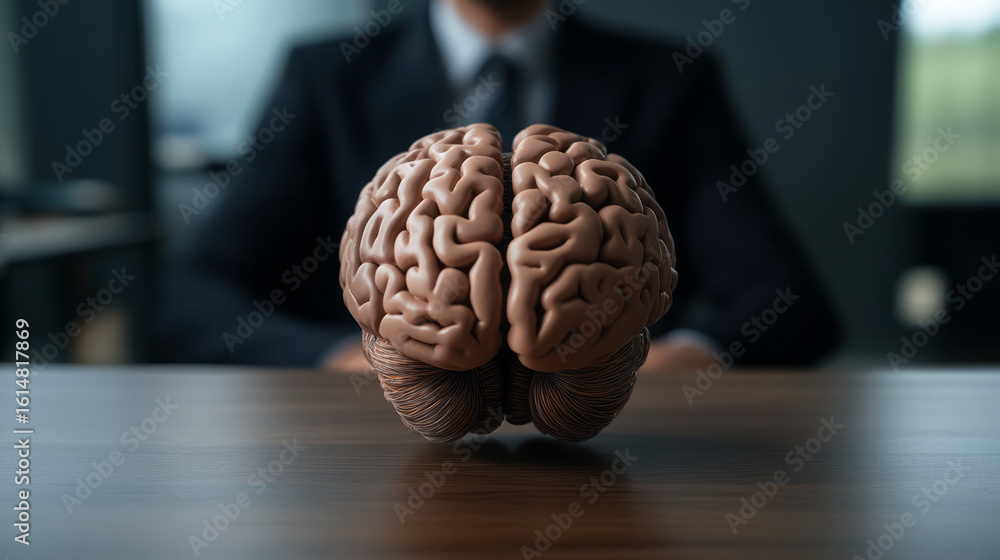 Poster human brain model on table in office setting representing cognitive science and intelligence