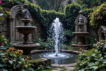 Obraz premium ancient stone fountains with intricate gothic carvings spouting water in a dimly lit garden full of dark foliage and thorny bushes