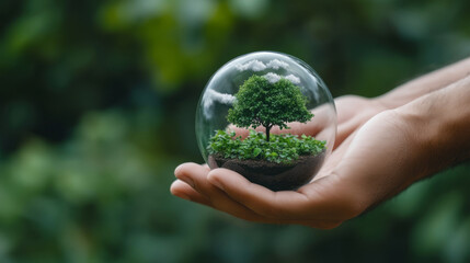 Hands Holding Transparent Sphere with Tree and Plants Representing Environmental Protection
