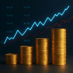 Stacks of gold coins with a rising financial graph in the background, symbolizing investment growth, income increase, and financial success.