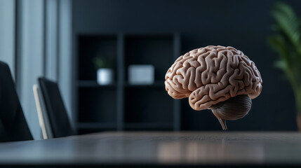Floating Human Brain Model in Modern Office Environment with Blurred Background and Soft Lighting