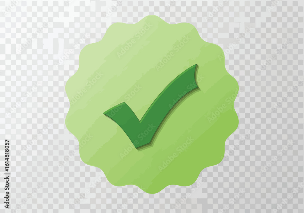 Poster vector illustration of a green check mark icon inside a round badge indicating approval and validati