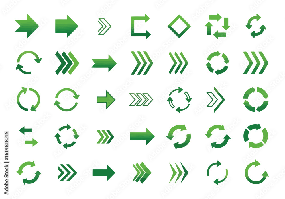 Poster vector illustration of various green arrow icons indicating direction, recycle, and navigation optio