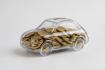 Transparent car-shaped piggy bank filled with gold coins on white background, symbolizing saving money for a car, vehicle finance, or auto loan planning and financial goals.