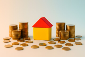 Toy house with red roof and yellow base surrounded by stacks of gold coins, symbolizing saving for a home, mortgage planning, real estate investment, and financial stability.