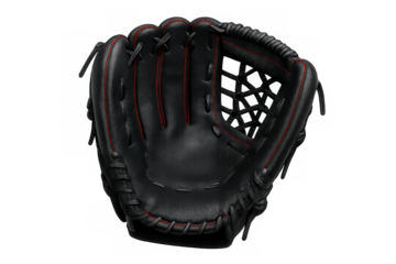 Close-up of a black baseball glove featuring red stitching, isolated on a transparent background, ready for adding to any design project