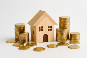 Wooden toy house surrounded by stacks of gold coins on white background, representing saving money for a home, real estate investment, mortgage planning, and financial stability.