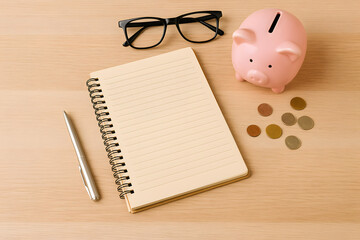 Flat lay of a notebook, pen, coins, piggy bank, and eyeglasses on wooden table, representing personal finance planning, savings tracking, and budgeting preparation.