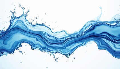Blue liquid flows with splashes and bubbles. Translucent waves and ripples create motion and wetness. Clean, fresh water texture isolated on white background, perfect for refreshment themes.