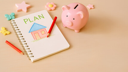 Cute pink piggy bank with crayon drawing of a house and the word “PLAN” on a notebook, symbolizing childhood financial education, saving money, and home planning.