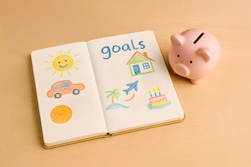Notebook with colorful crayon drawings of life goals and a pink piggy bank on wooden table, representing financial planning, savings, and goal setting for children or families.