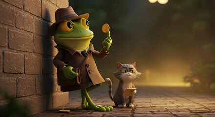 Frog detective falling from a building