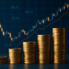 Stacks of gold coins forming a bar chart in front of a financial graph, representing profit growth, investment returns, and business financial performance in the stock market context.