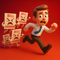 3D cartoon illustration of a scared businessman running from angry overdue bill characters, symbolizing debt, financial pressure, and money management issues in a humorous way.