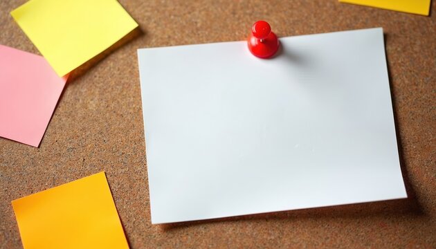 Blank white paper pinned on corkboard with colorful sticky notes. Vibrant office setup, ideal for planning, reminders, organization. Pink, yellow, orange notes convey creativity, productivity in - Powered by Adobe