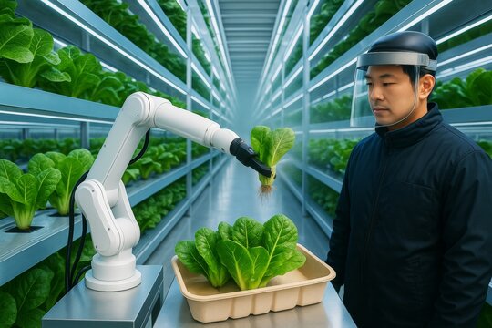 Futuristic indoor hydroponic farm with robotic arm harvesting lettuce while a technician observes in high-tech agricultural environment. Ai generative