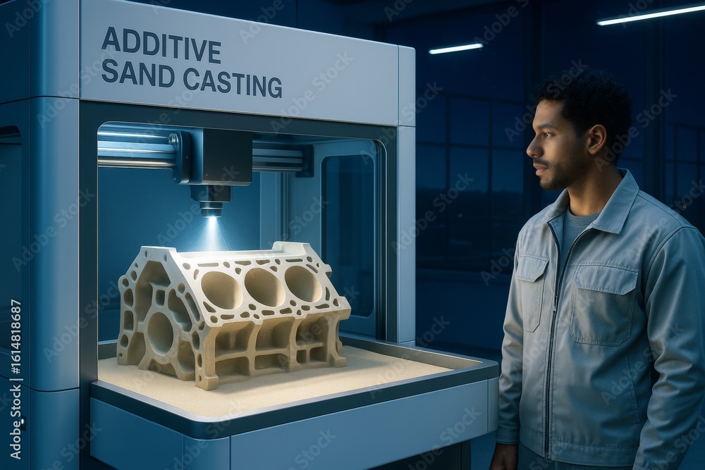 Poster engineer observing additive sand casting machine fabricating complex industrial part under focused l