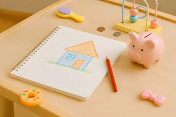 Pink piggy bank beside a childlike crayon drawing of a house on a notebook, surrounded by toys and coins, symbolizing saving for a home, family planning, and early financial education.