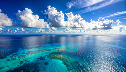 Aerial view of coral reefs and deep blue ocean with dramatic cloudscape, ideal for eco-tourism, marine biology or nature documentaries, possibly Great Barrier Reef or Caribbean