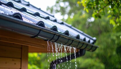 Rainwater runoff from roof gutter symbolizing sustainability, rain harvesting and architectural design suited for eco-conscious living and stormwater management