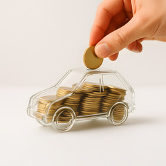Hand putting coin into a transparent car-shaped piggy bank filled with gold coins, symbolizing saving money for a vehicle, car loan, or financial planning for transportation.