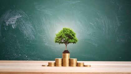 Tree emerging from coin stacks on wooden table in front of chalkboard symbolizing educational finance, knowledge investment and learning economy