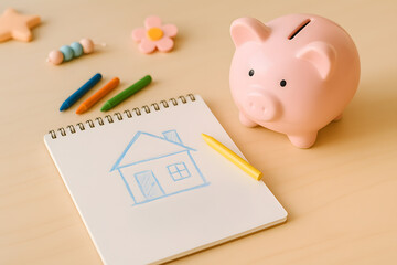 Pink piggy bank beside a notebook with a simple crayon sketch of a house, representing saving money, early financial education, and home planning for children or families.