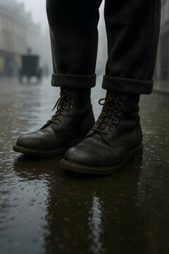 Working man's shoes on a rainy footpath