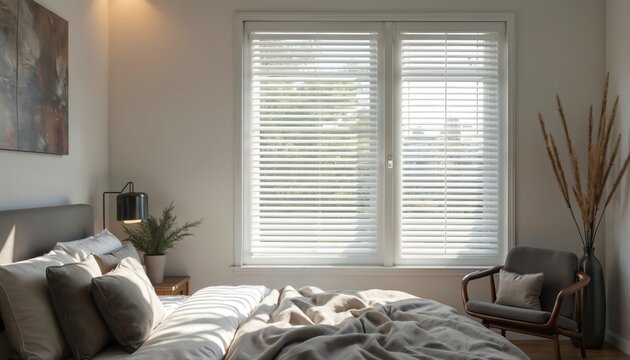 Comfortable bedroom interior featuring modern window with brise soleil blinds. Scene includes made bed with pillows, bedside lamp, plant, armchair. Natural light filters through blinds, creating