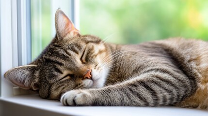 Relaxed Tabby Cat Sleeping Peacefully on Window Sill with Soft Green Background