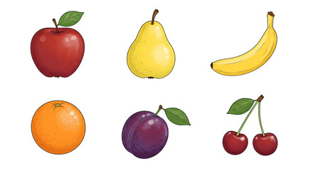 Cartoon Fruits Illustration: Apple, Pear, Banana, Orange, Plum, Cherries on black background. Use for designs, illustrations and websites.	
