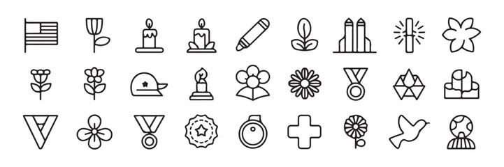 Patriot Day Memorial outline icon bundle – 30 black line icons on white background