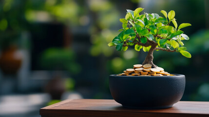 Beautiful Bonsai Tree Growing in a Pot with Coins Symbolizing Wealth and Prosperity